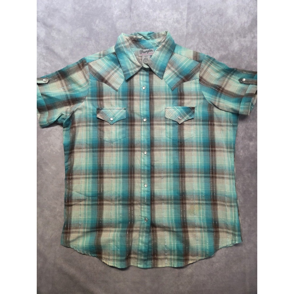 Wrangler Boys Western Pearl Snap Shirt Short Sleeve Plaid Teal Large Country